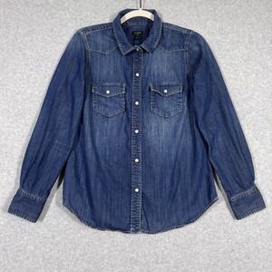J Crew Denim Shirt Womens Small Western‎ Pearl Snap Chambray Rodeo Flap Pocket